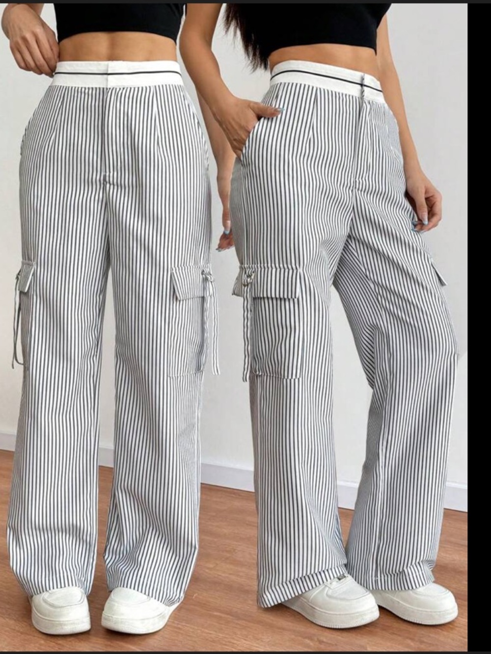 SHEIN Black & White Striped Wide-Leg Cargo Pants